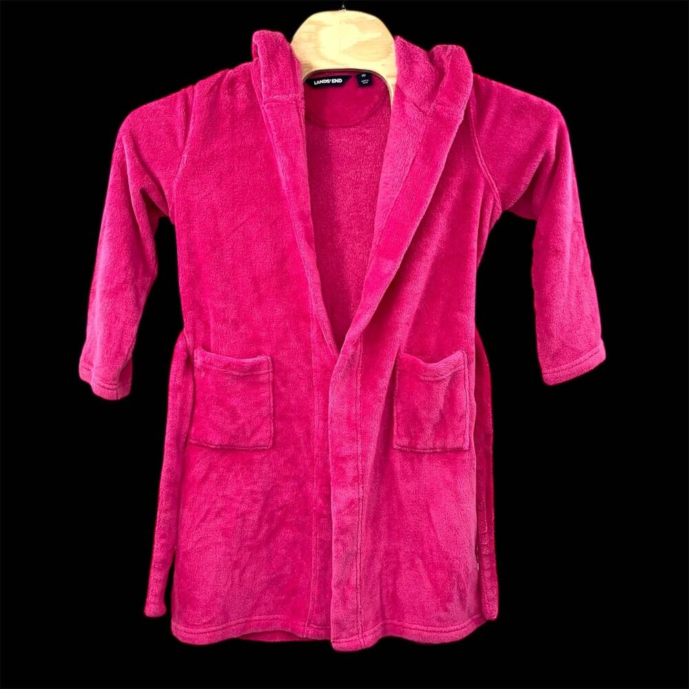 Lands End Bathrobe Kids Size 10 Bright Pink Soft Feel Collared Tie Waist Pockets